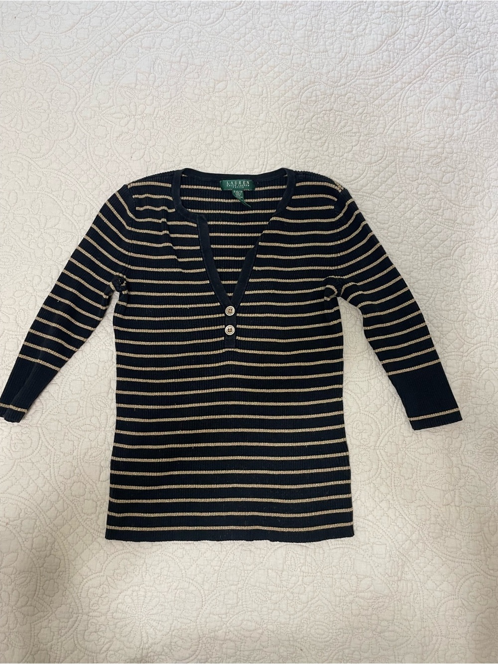 Ralph Lauren Black & Gold metallic Striped V-Neck Knit Sweater